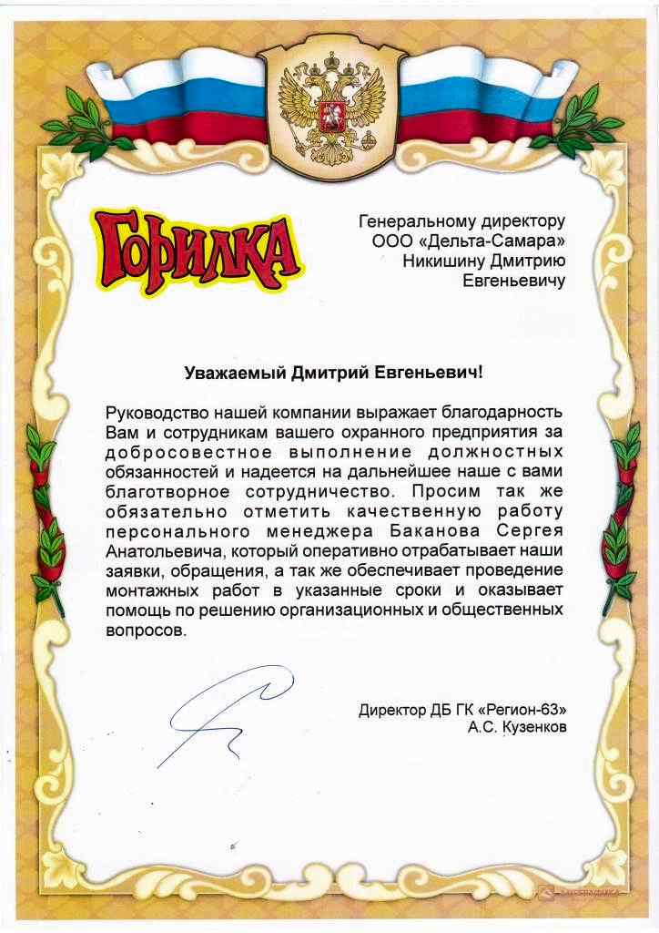 Благодарственное письмо от ДБ ГК «Регион-63»  - изображение